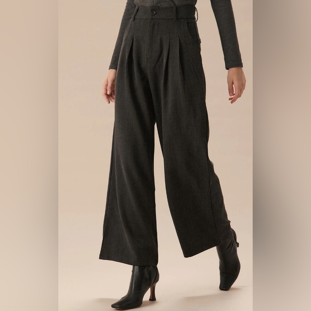 NWT RIHOAS Grey Pleated Straight Wide-Leg Pants Sz S